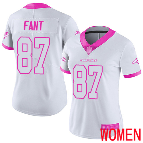 Women Denver Broncos #87 Noah Fant Limited White Pink Rush Fashion Football NFL Jersey